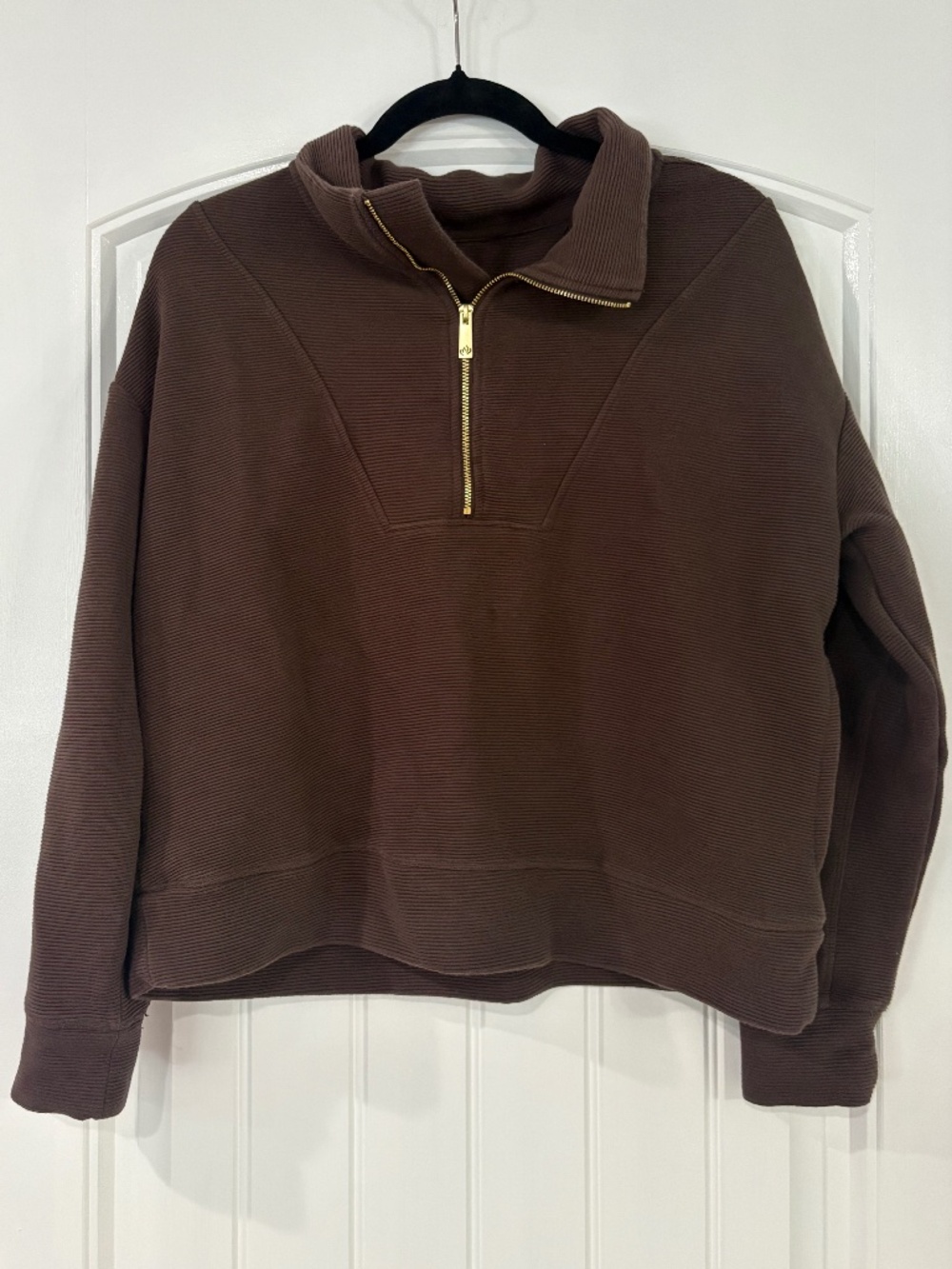 Apana ribbed half zip pullover espresso color gold zipper